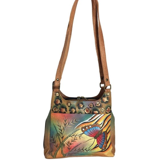Anuschka NEVER USED Handpaint Leather Shoulder Bag Butterfly Animal - Picture 2 of 12